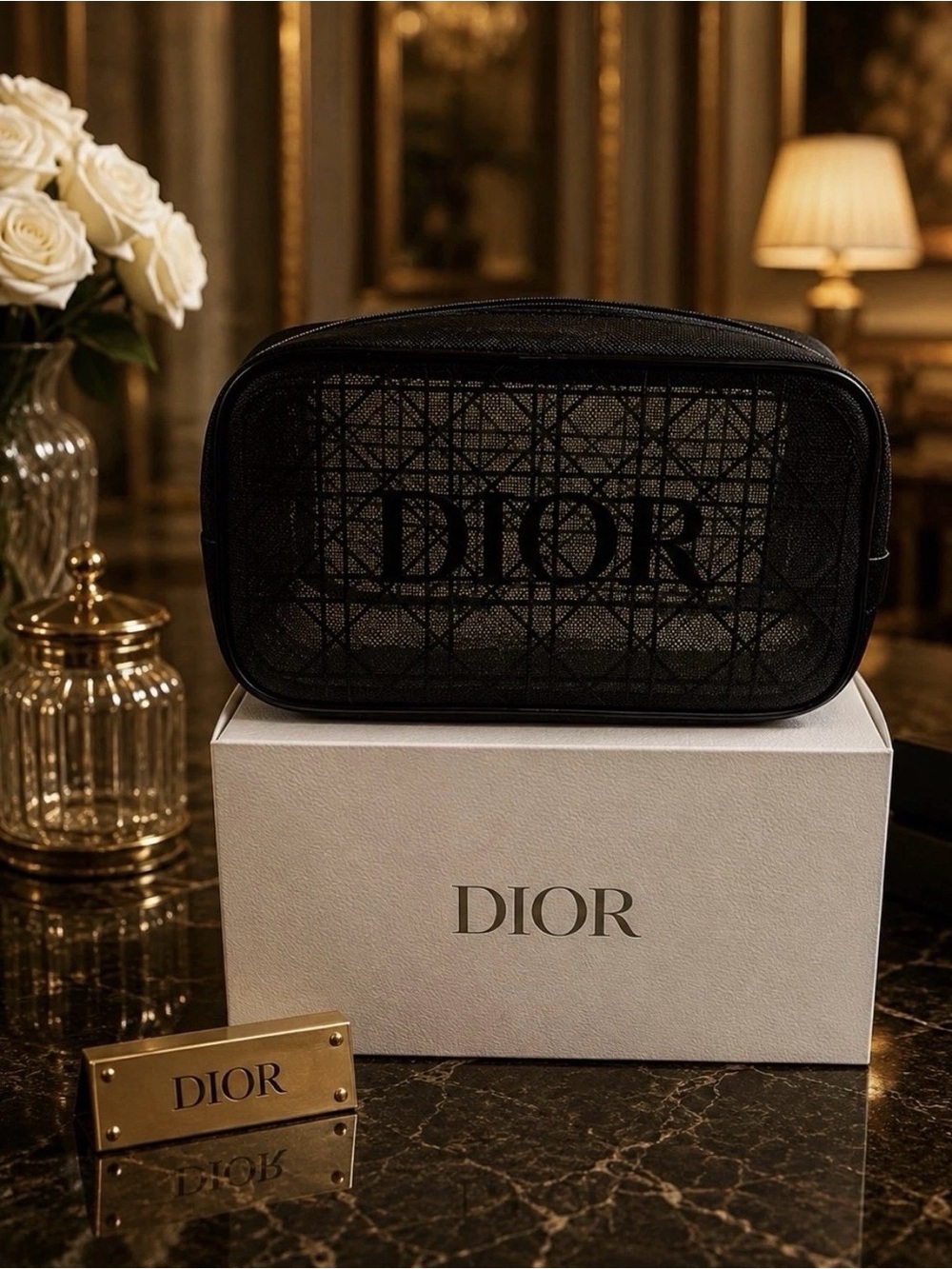 Dior Black Mesh Makeup Bag